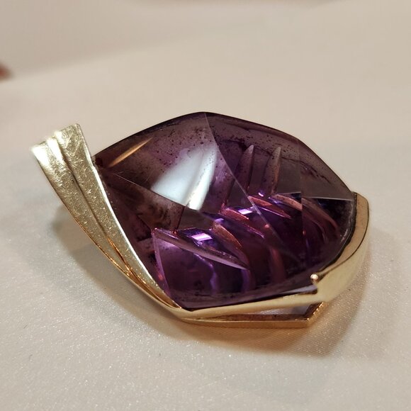 Large Vintage Modern 14K Solid Gold Laser Cut Amethyst Enhancer - Picture 3 of 11